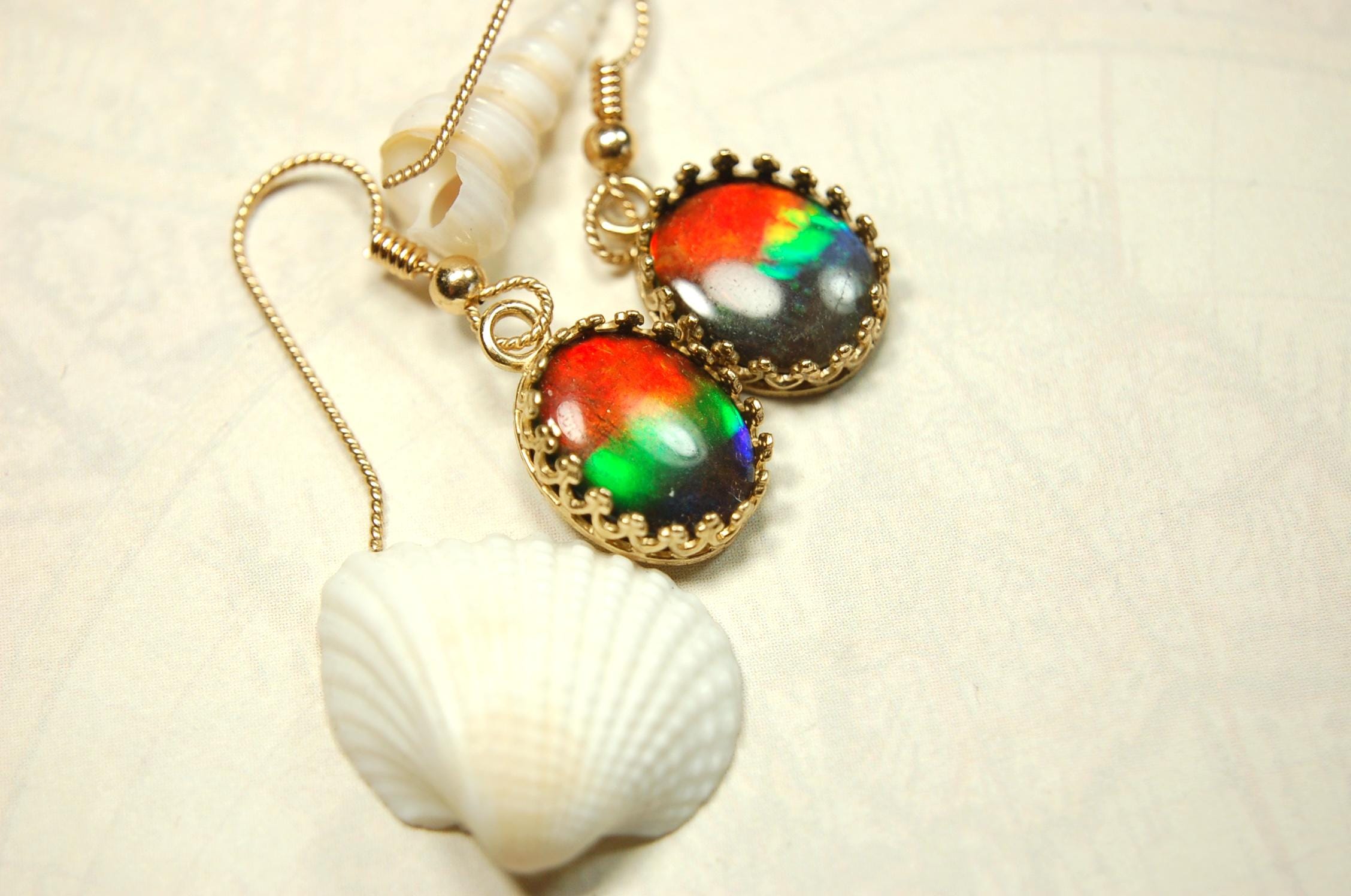 Exquisite Ammolite Earrings in 14k Gold.High Quality RARE Four Color Rainbow gems.Perfect gift Idea for wife..091214