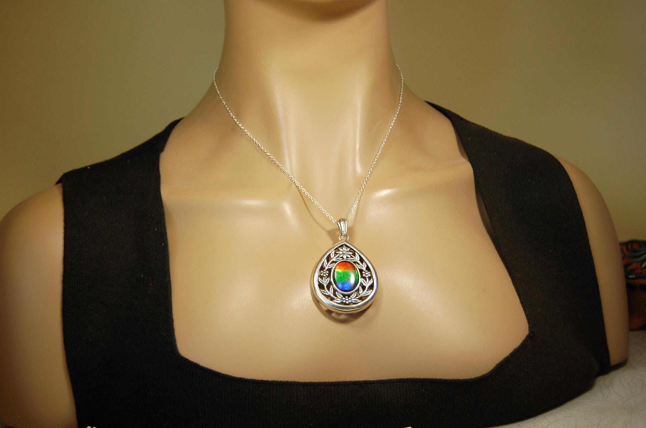 Anniversary gift idea for wife.Ammolite Jewelry Pendant with Rainbow pattern set in solid sterling silver.040416