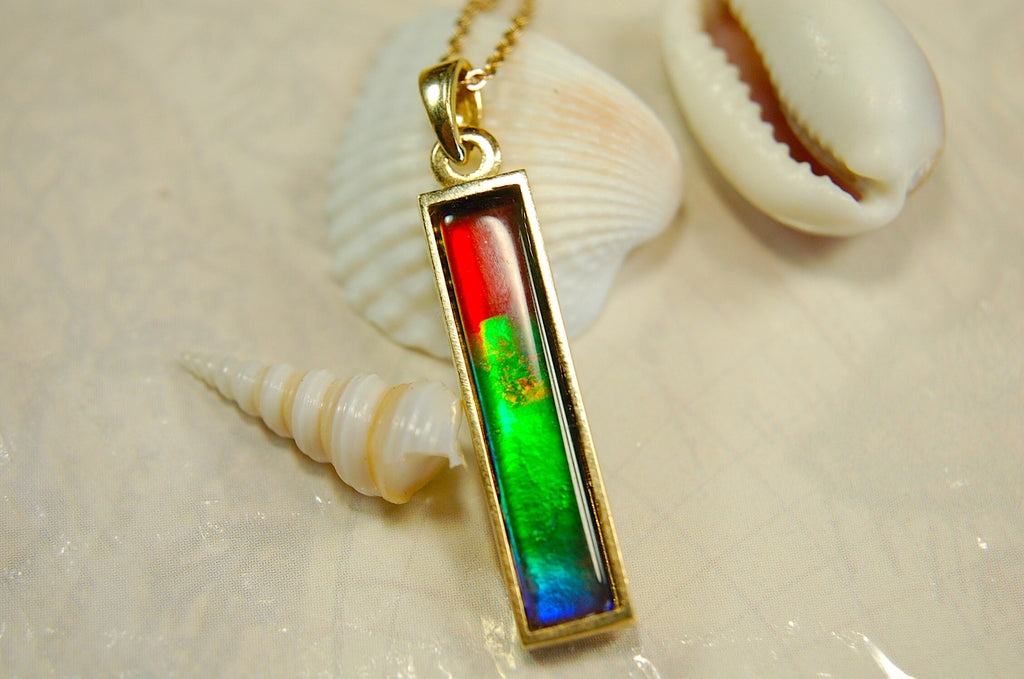 Ammolite Pendant Necklace in 14k Gold.A column of RARE ammolite rainbow colors.Minimalist and Unisex Jewelry.052512