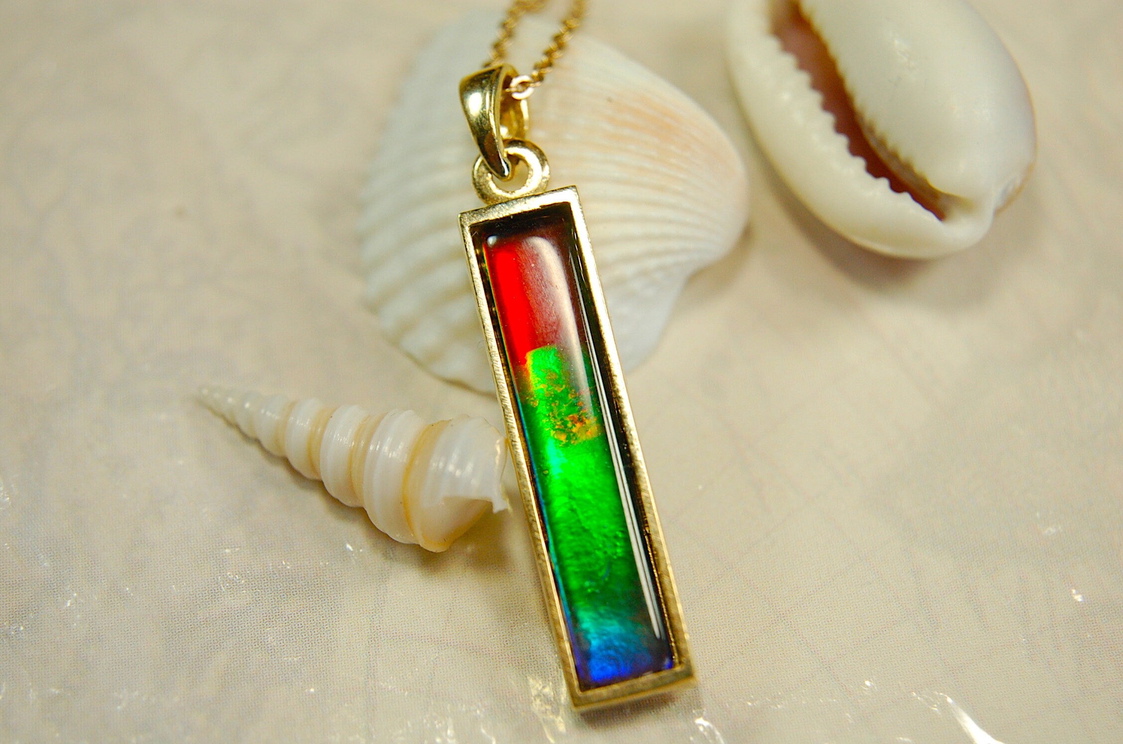 Ammolite Pendant Necklace in 14k Gold.A column of RARE ammolite rainbow colors.Minimalist and Unisex Jewelry.052512