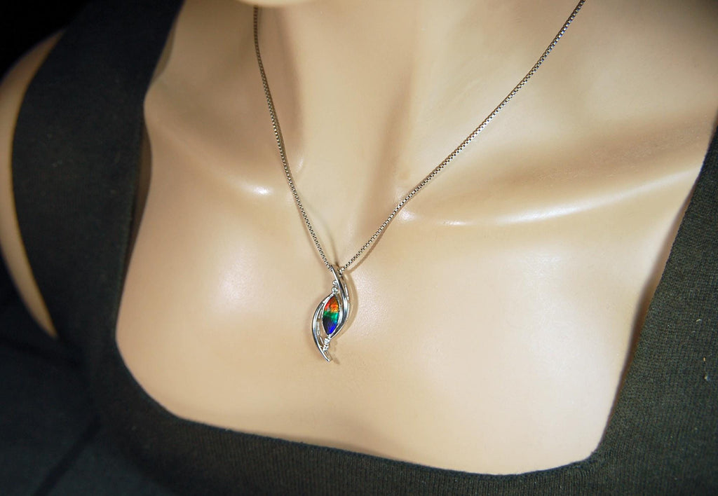 Stunning Ammolite Pendant - Exquisite Ammolite Jewelry for a touch of Elegance!RARE Five color gem.Gift idea for wife.Must see video.082414