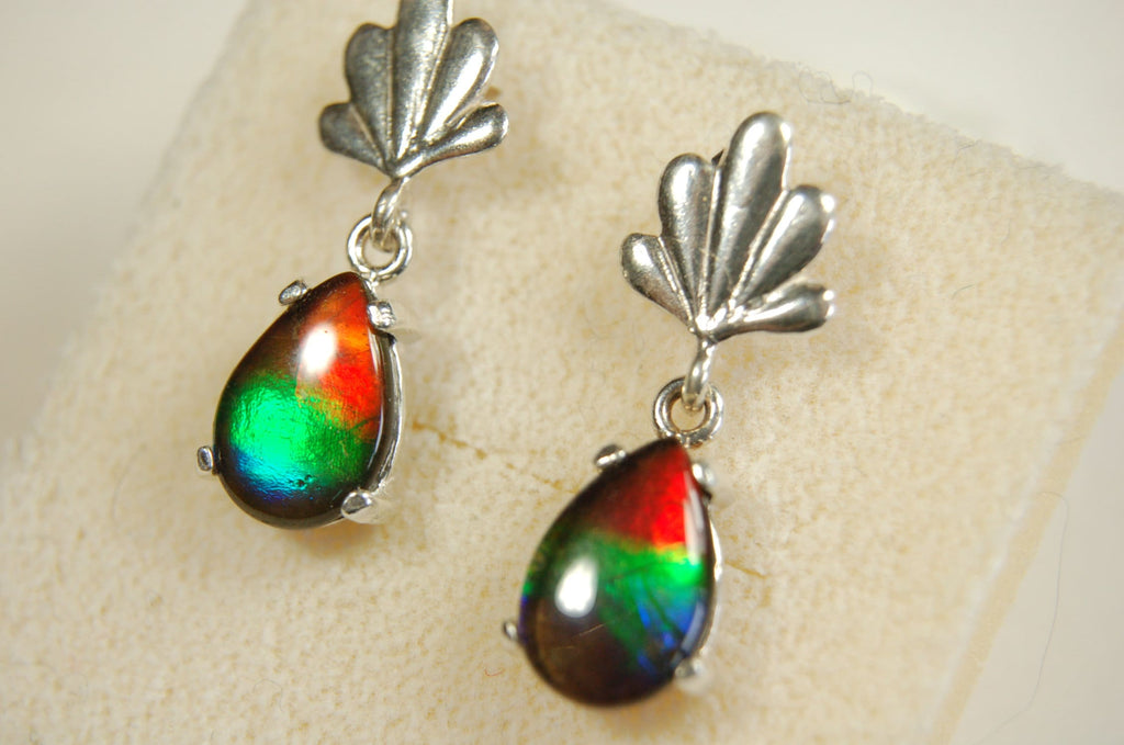 Ammolite Earrings.Bright tricolor gems from Alberta Canada with signed warranty.#031313.