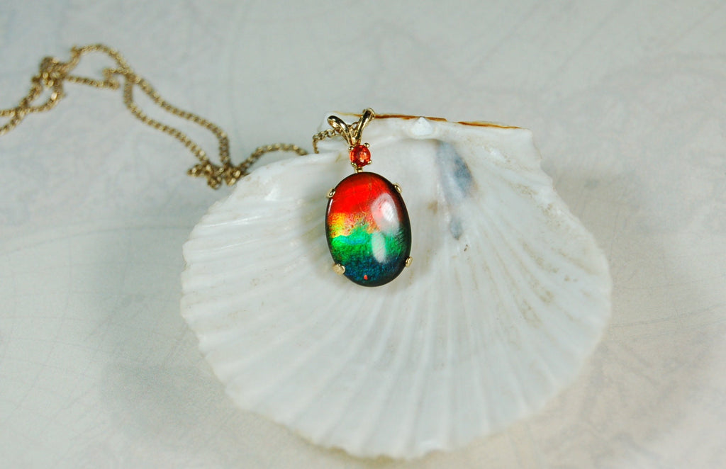 Vibrant Ammolite Pendant in 10k solid Gold with Chain - Eye-Catching Ammolite Jewelry for a Standout Style.Birthday Gift for her?#082919