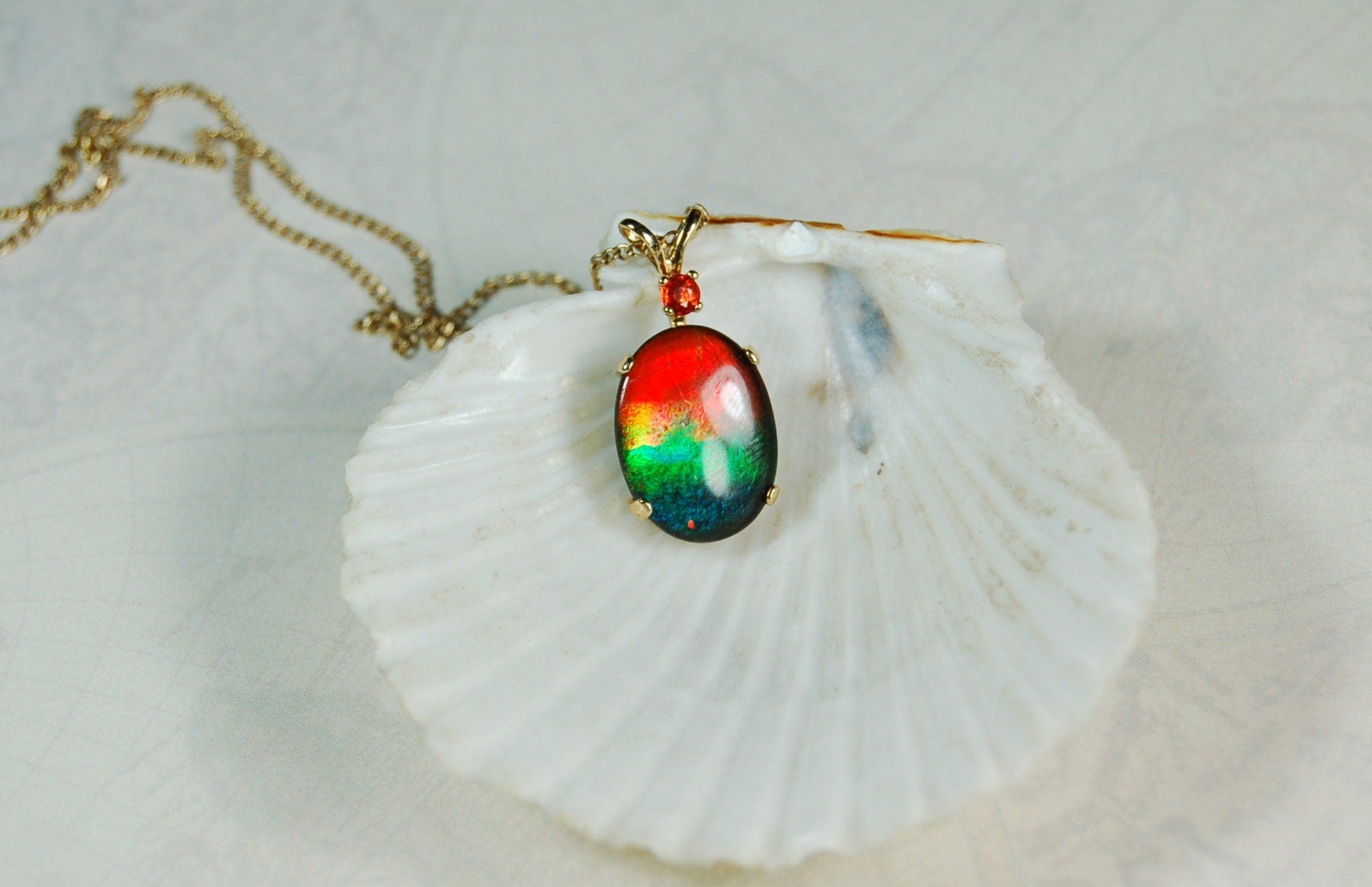 Vibrant Ammolite Pendant in 10k solid Gold with Chain - Eye-Catching Ammolite Jewelry for a Standout Style.Birthday Gift for her?#082919
