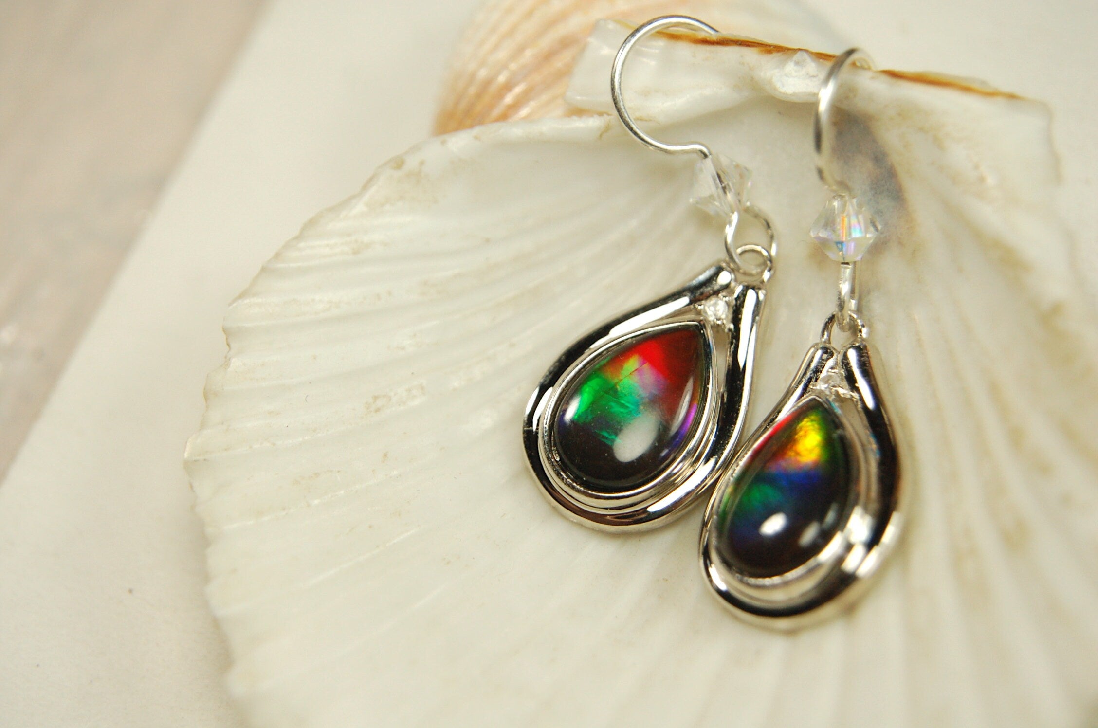 Ammolite Jewelry Earrings Drop Dangles.Brilliant rainbow ammolites with RARE Rich colors.Birthday Gift for Wife?#111133