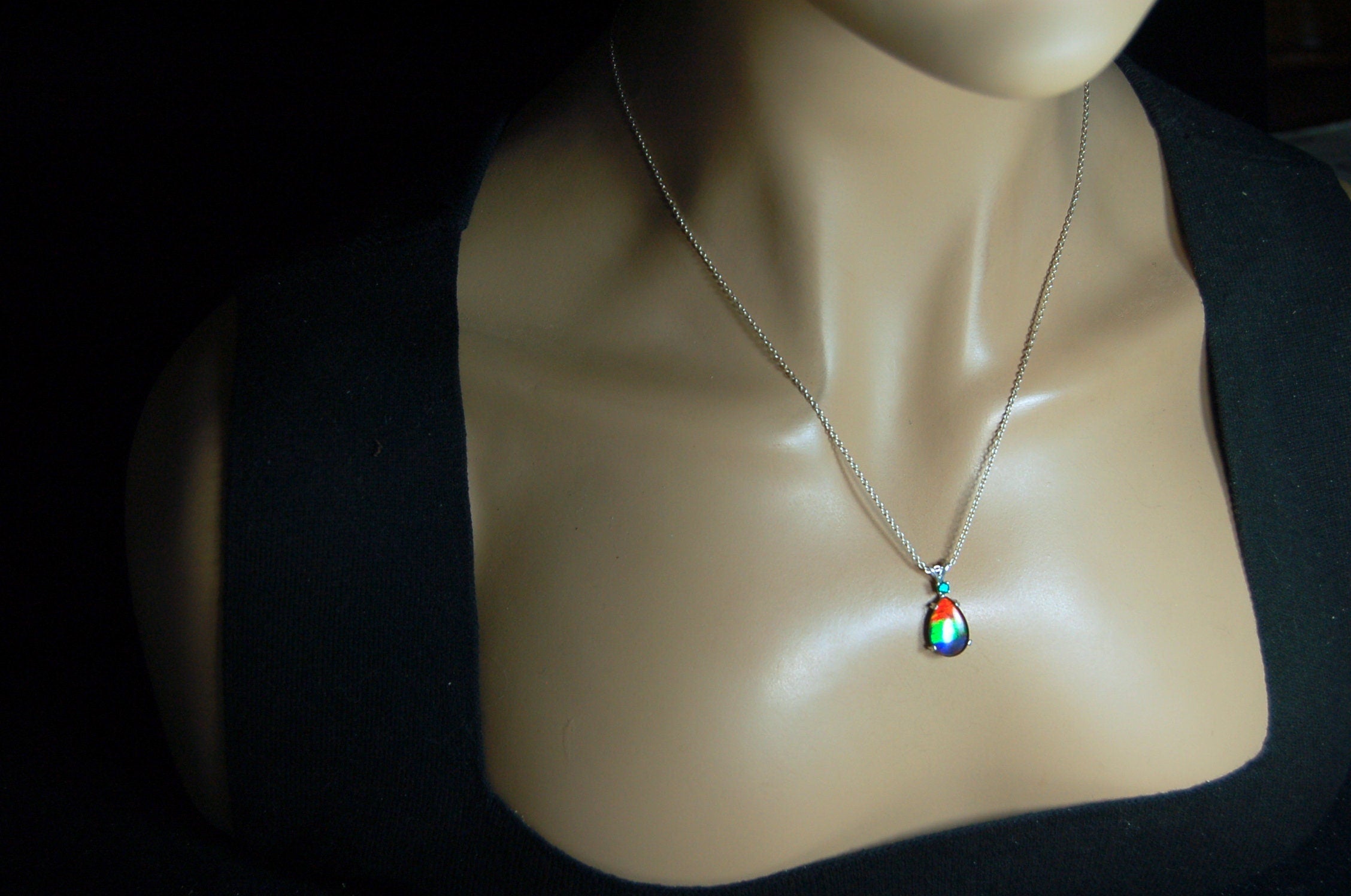 Ammolite Jewelry Pendant.bright Rainbow Colors. Ammolite with Emerald.Canadian gemstones.The perfect RARE gift for her.#012410