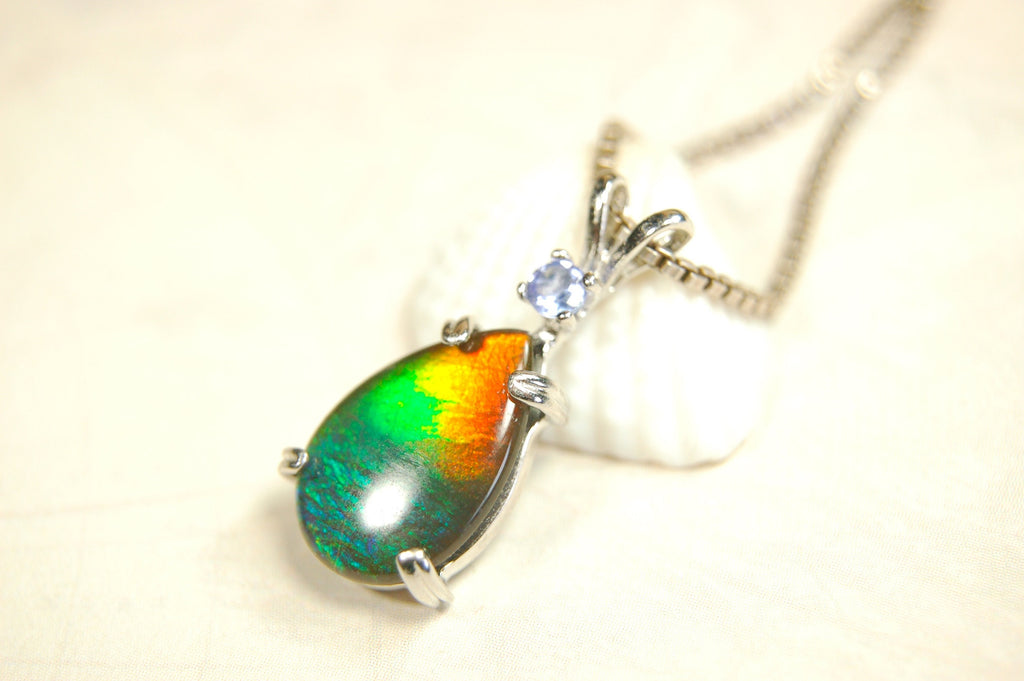 Ammolite Pendant in Sterling Silver with Tanzanite Gem Stone.Rainbow gem.Birthday gift for Wife?Metaphysical powers.032114