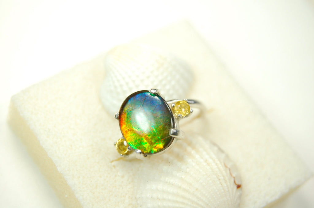 Ammolite Ring.Gift for wife.Learn about Canadas rarest gemstone.Must see video#121611