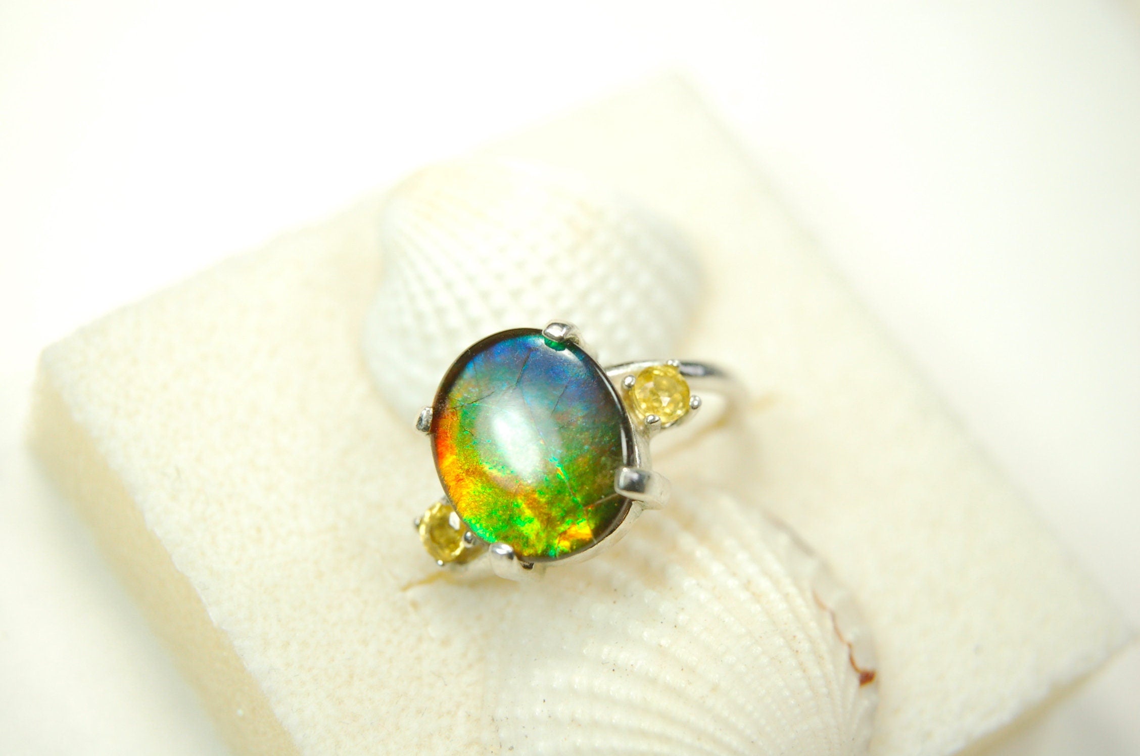 Ammolite Ring.Gift for wife.Learn about Canadas rarest gemstone.Must see video#121611