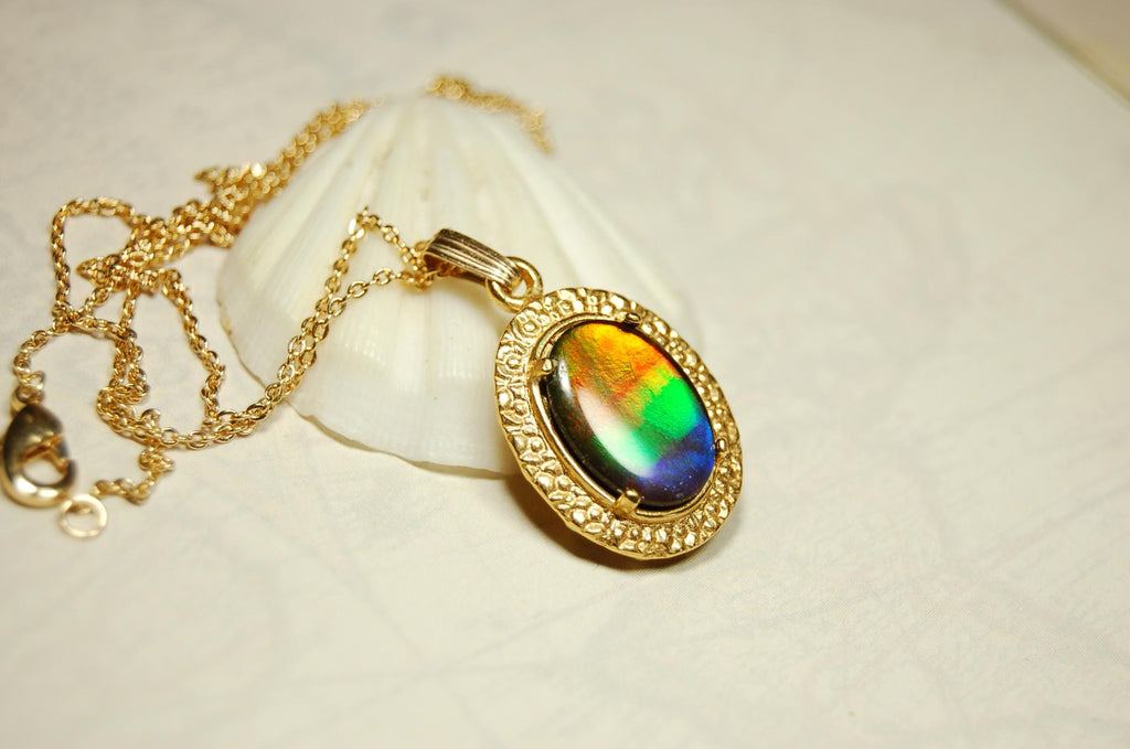 Ammolite pendant Anniversary gift idea for wife.Necklace set in 14kGF gold.Brilliant rainbow gem.Best seen in Video.033016