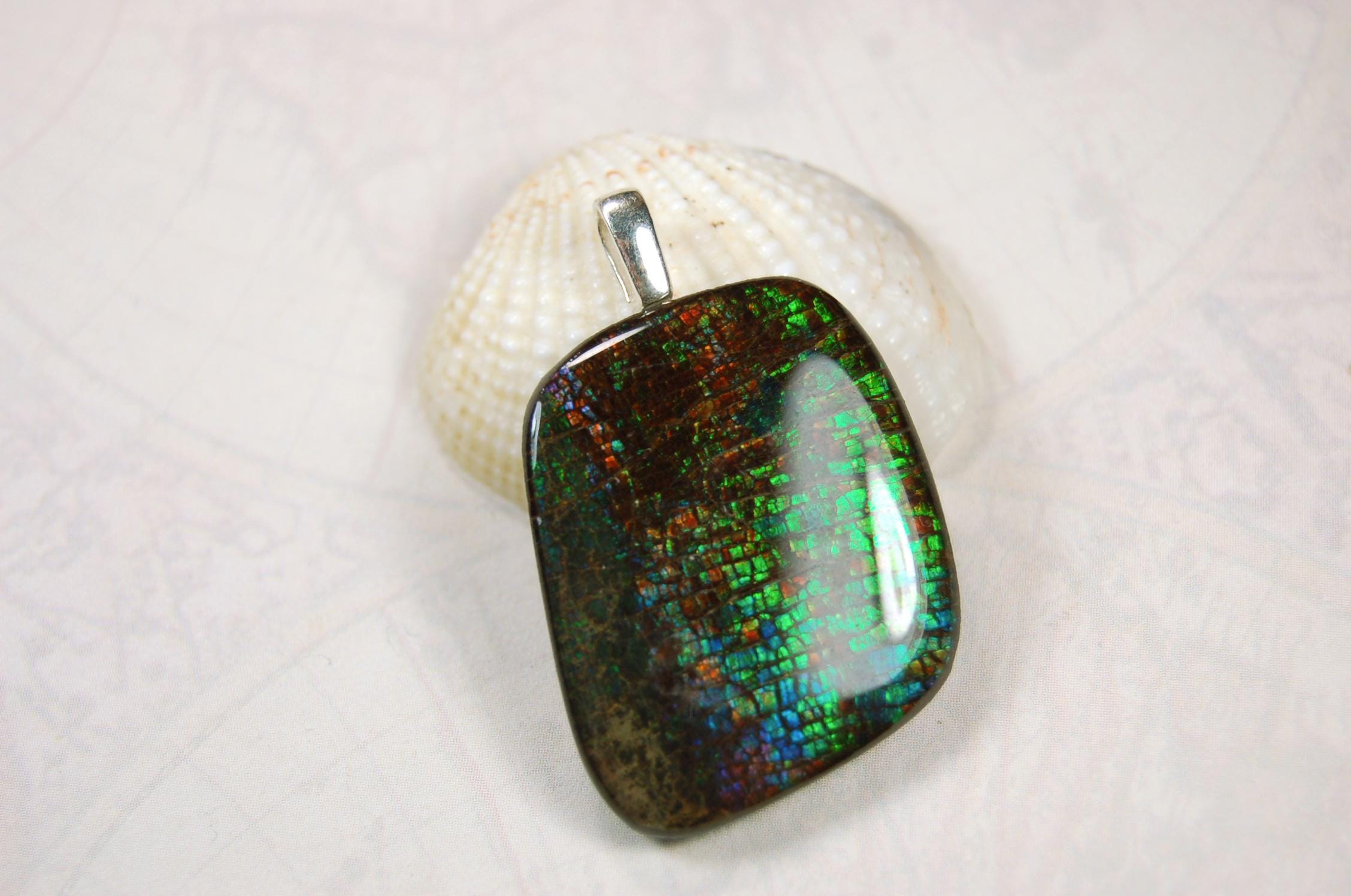 Ammolite Pendant Necklace.RARE Natural gem with brilliant sparks of color on black background.--071815