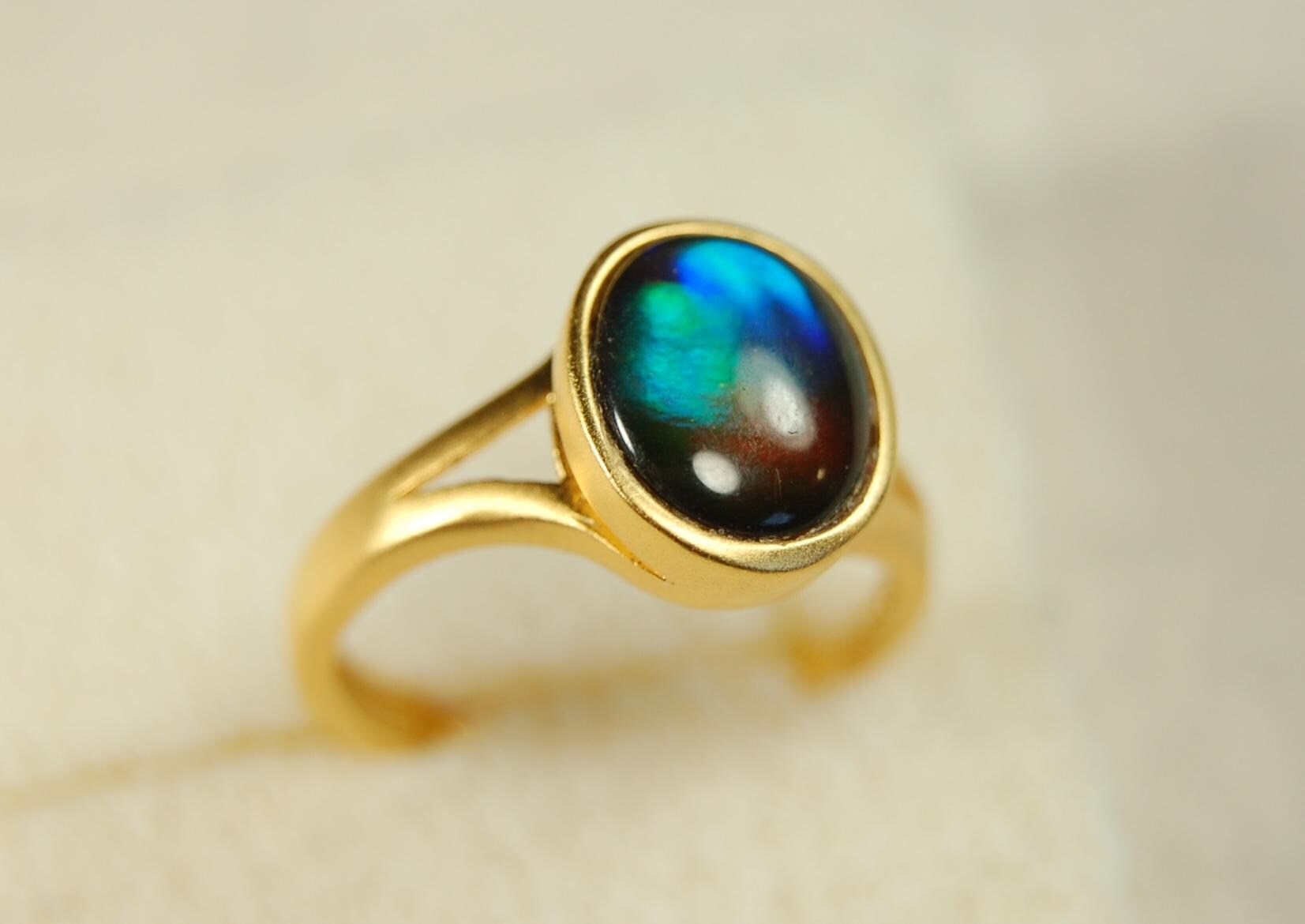 Gold Vermeil Ammolite Ring: Genuine Four-Color Gemstone, Adjustable Band 071114
