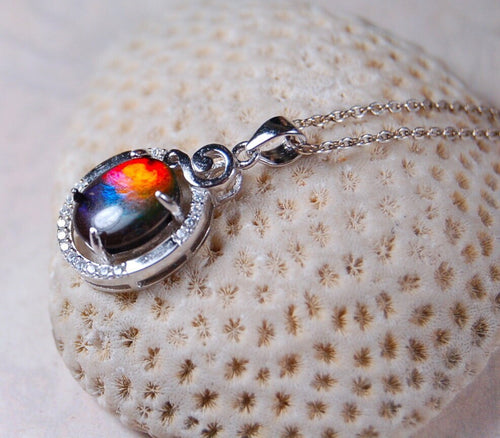 Ammolite Jewelry Pendant with RARE Pink.Stunning color changer.See 160 other quality offerings in silver and gold.Perfect gift.#080518