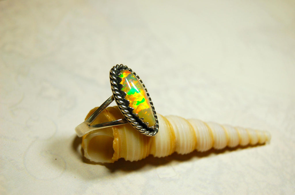 Genuine untreated natural opal ring handmade.Fiery colors.One of a kind.Size 7.Gift for wife? 040316
