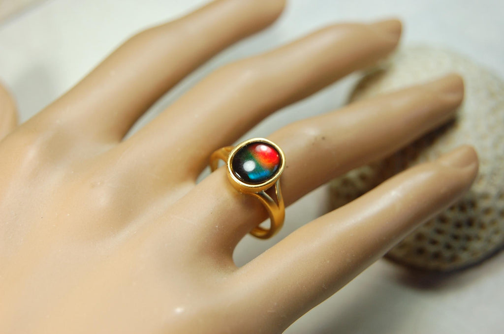 Gold Vermeil Ammolite Ring: Genuine Four-Color Gemstone, Adjustable Band 071114