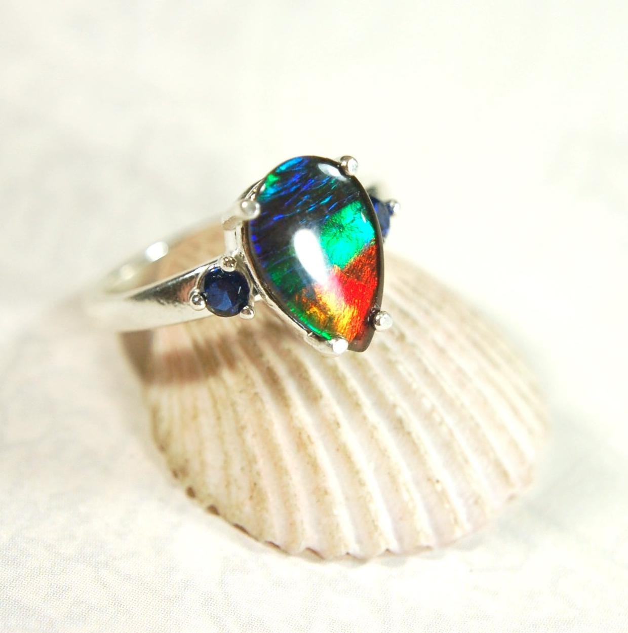 Ammolite teardrop Ring with four rich colors.Set in sterling silver.Size 7.Perfect gift for her.One of a kind ring.041214