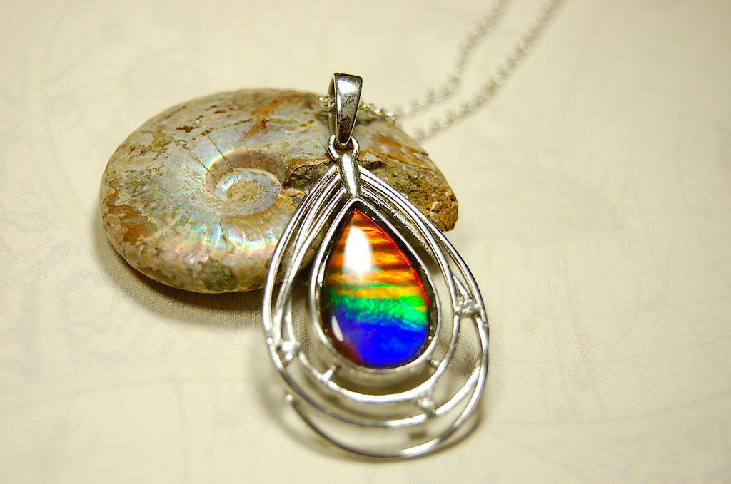 Ammolite Jewelry Pendant.RARE Tiger stripe gem.Unique gemstone.Non Allergenic Rhodium plated Sterling Silver setting.Gift for wife? 032916