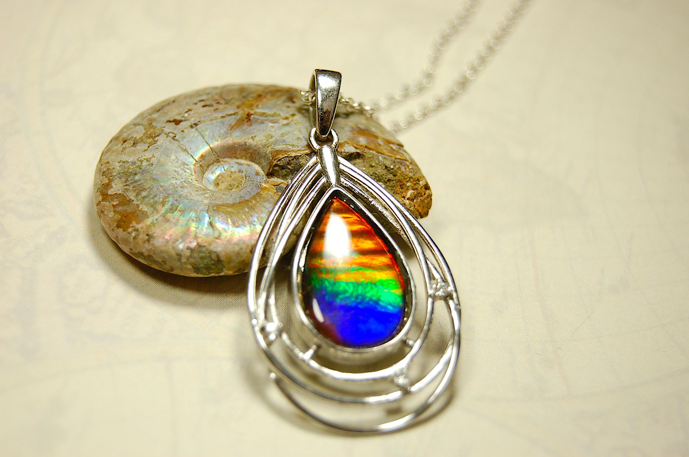 Ammolite Jewelry Pendant.RARE Tiger stripe gem.Unique gemstone.Non Allergenic Rhodium plated Sterling Silver setting.Gift for wife? 032916