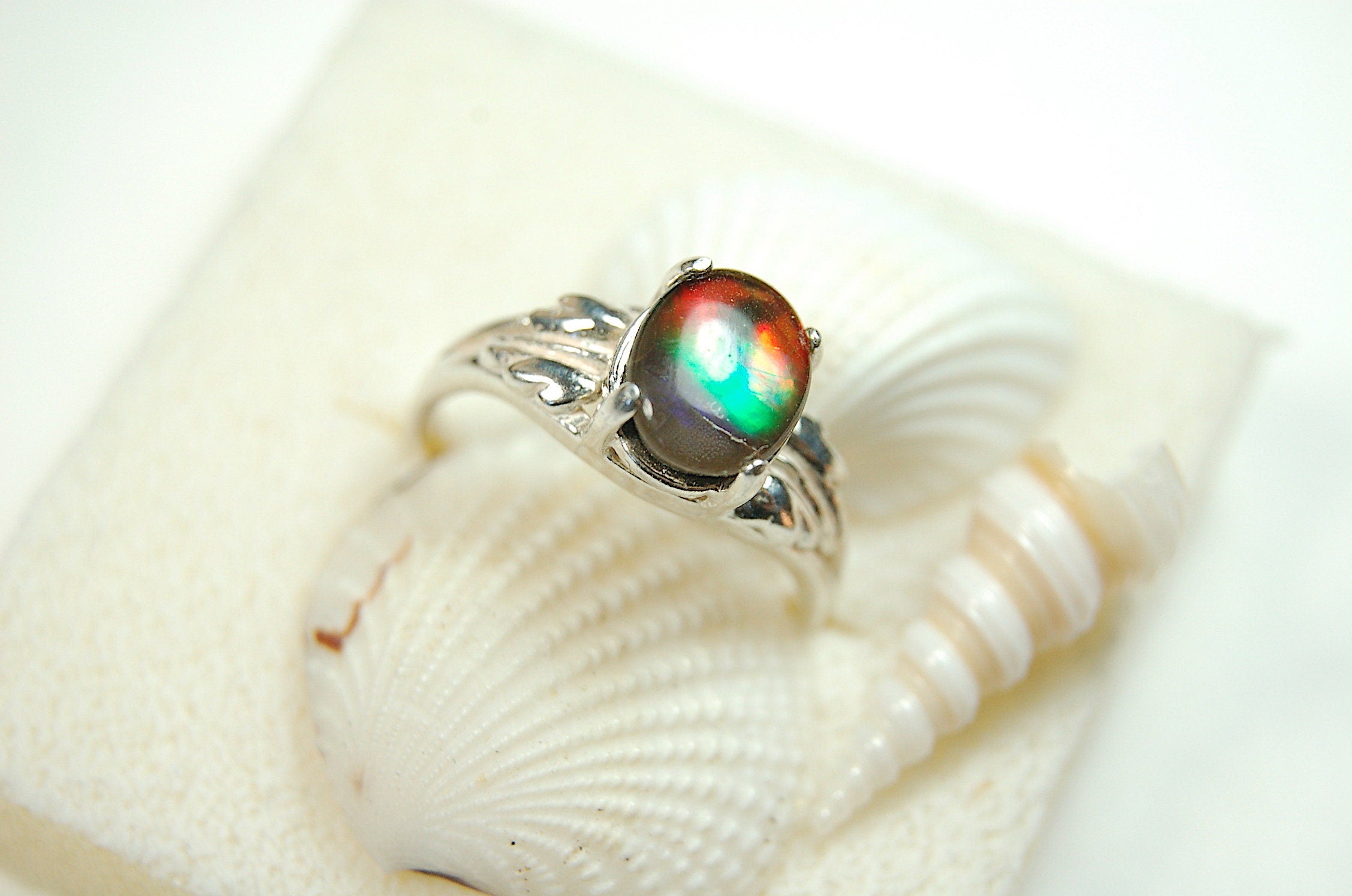 Canadian Rainbow Ammolite ring in Sterling Silver.A gift that will be treasured. #010212