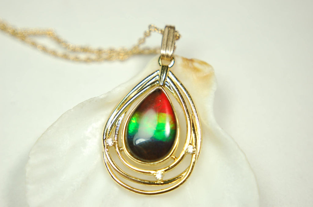Birthday gift idea for wife.Ammolite Pendant Necklace in Gold Vermeil.RARE four colors. Ammolite jewelry for sale.Boho Jewelry.012915