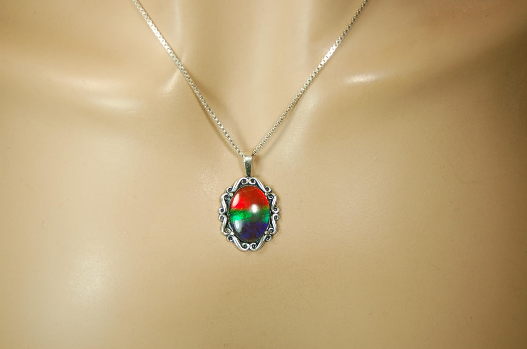 Genuine Ammolite Pendant Necklace – Canadian Fossil Gemstone – Iridescent Jewelry Gift for Her.060415