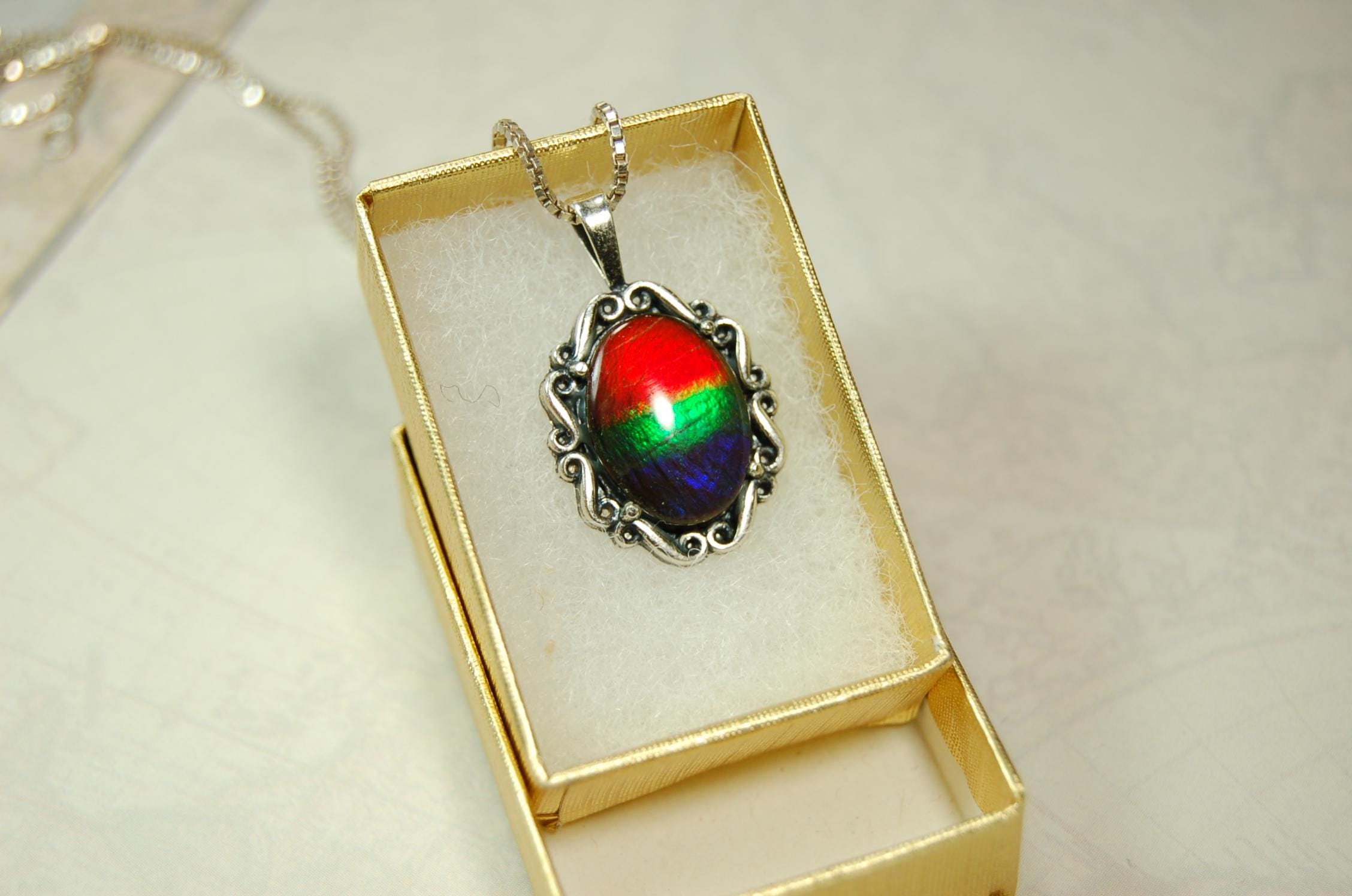 Genuine Ammolite Pendant Necklace – Canadian Fossil Gemstone – Iridescent Jewelry Gift for Her.060415