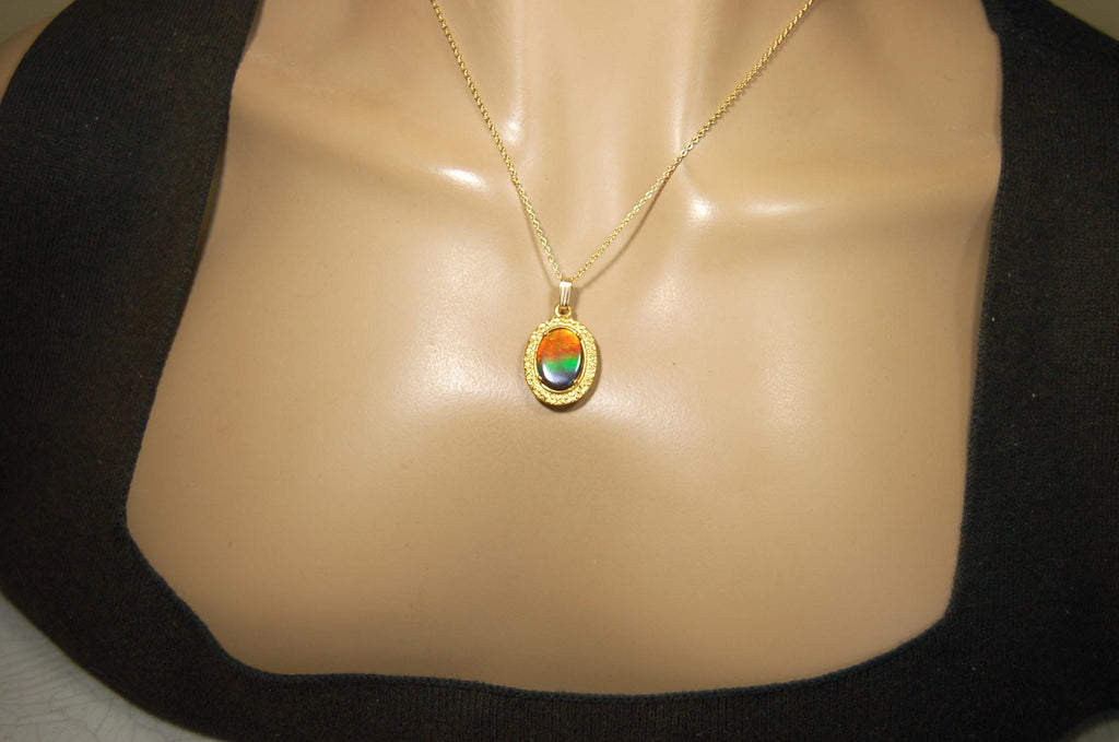 Ammolite pendant Anniversary gift idea for wife.Necklace set in 14kGF gold.Brilliant rainbow gem.Best seen in Video.033016