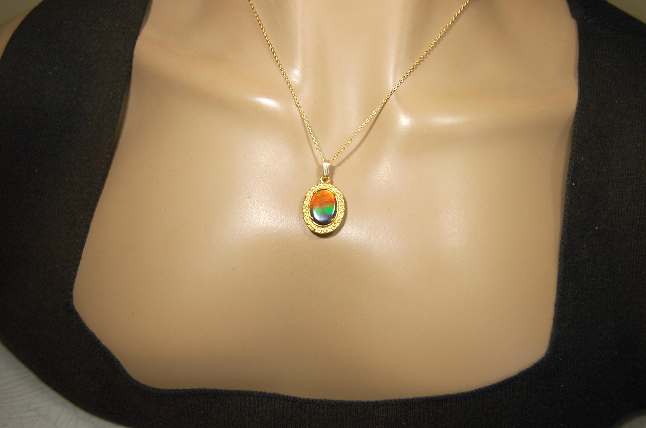 Ammolite pendant Anniversary gift idea for wife.Necklace set in 14kGF gold.Brilliant rainbow gem.Best seen in Video.033016