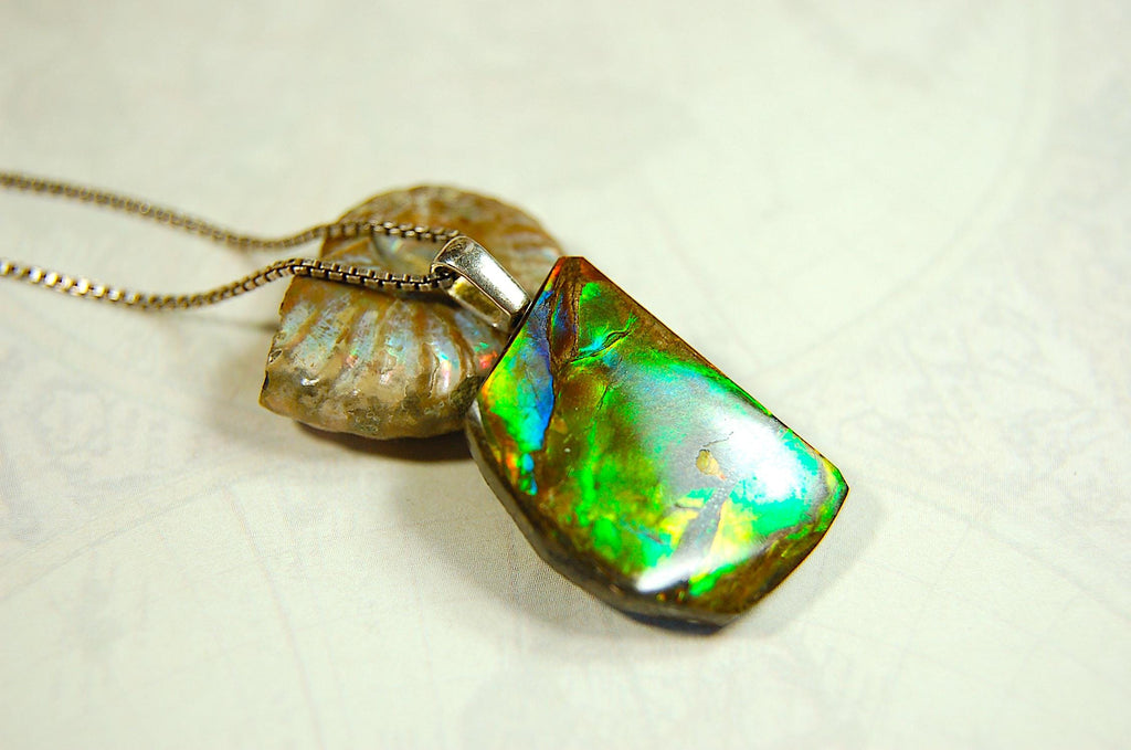 Birthday gift idea for wife. Ammolite Pendant Necklace.All natural cabochon freeform gem.Boho jewelry.090414