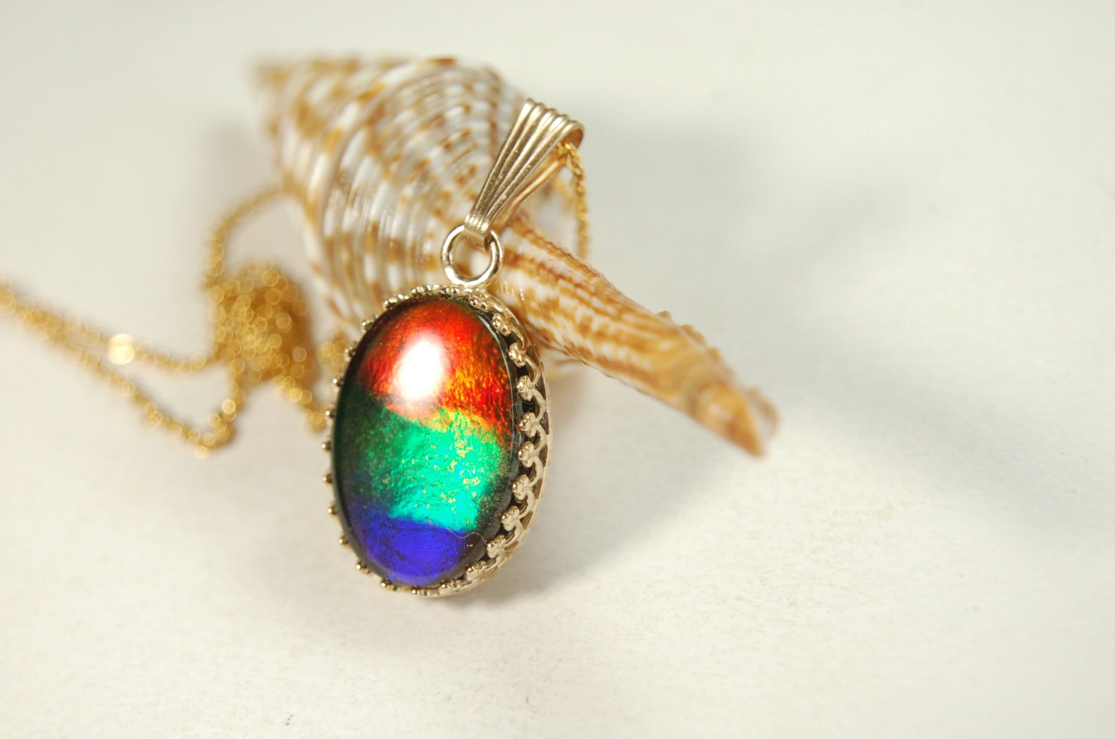Ammolite Pendant in solid 14k Gold..High quality rainbow tricolor gem.Birthday or anniversary gift?.102513