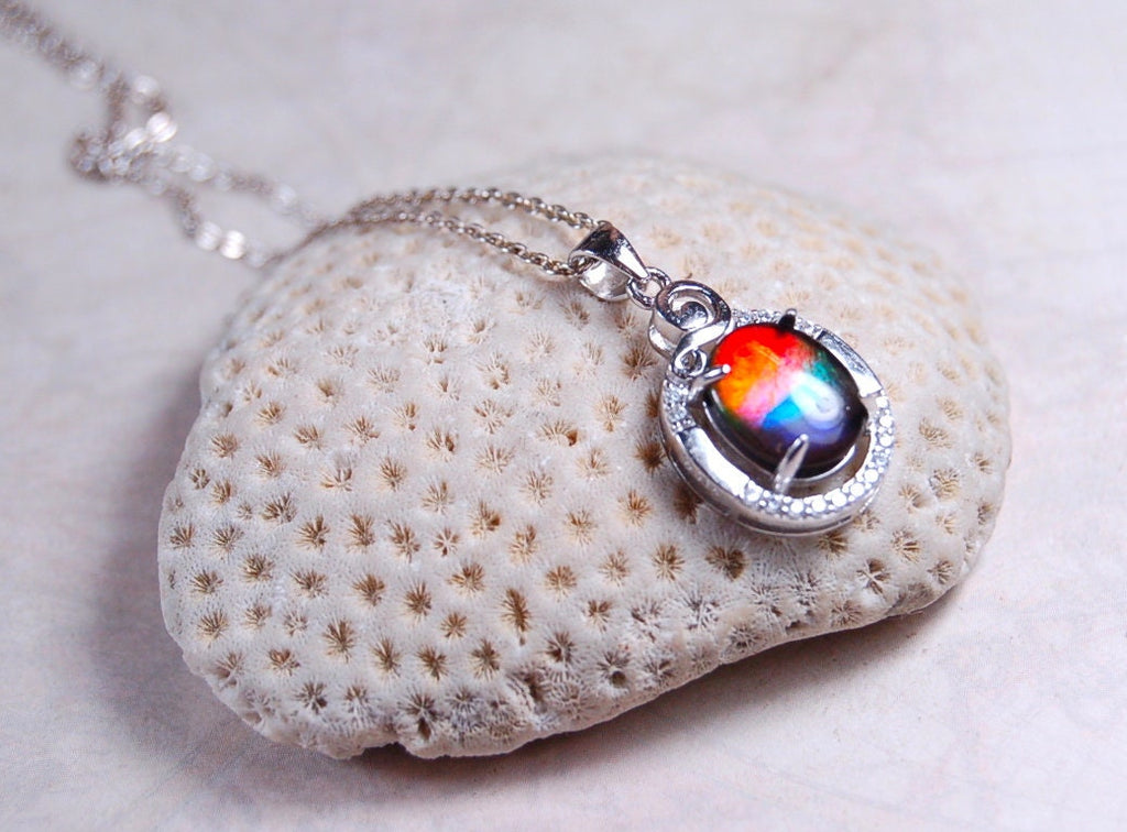 Ammolite Jewelry Pendant with RARE Pink.Stunning color changer.See 160 other quality offerings in silver and gold.Perfect gift.#080518