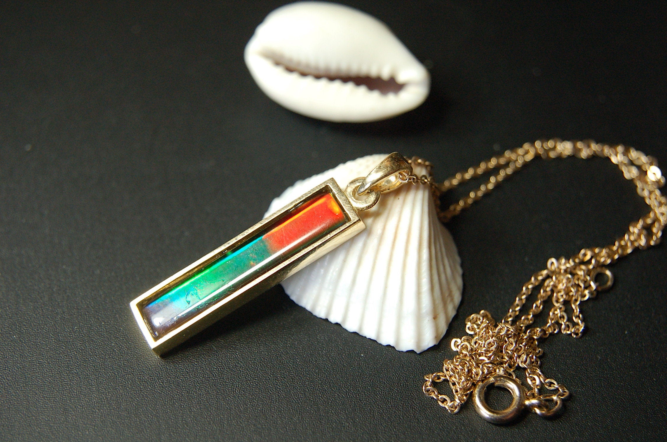 Ammolite Pendant Necklace in 14k Gold.A column of RARE ammolite rainbow colors.Minimalist and Unisex Jewelry.052512