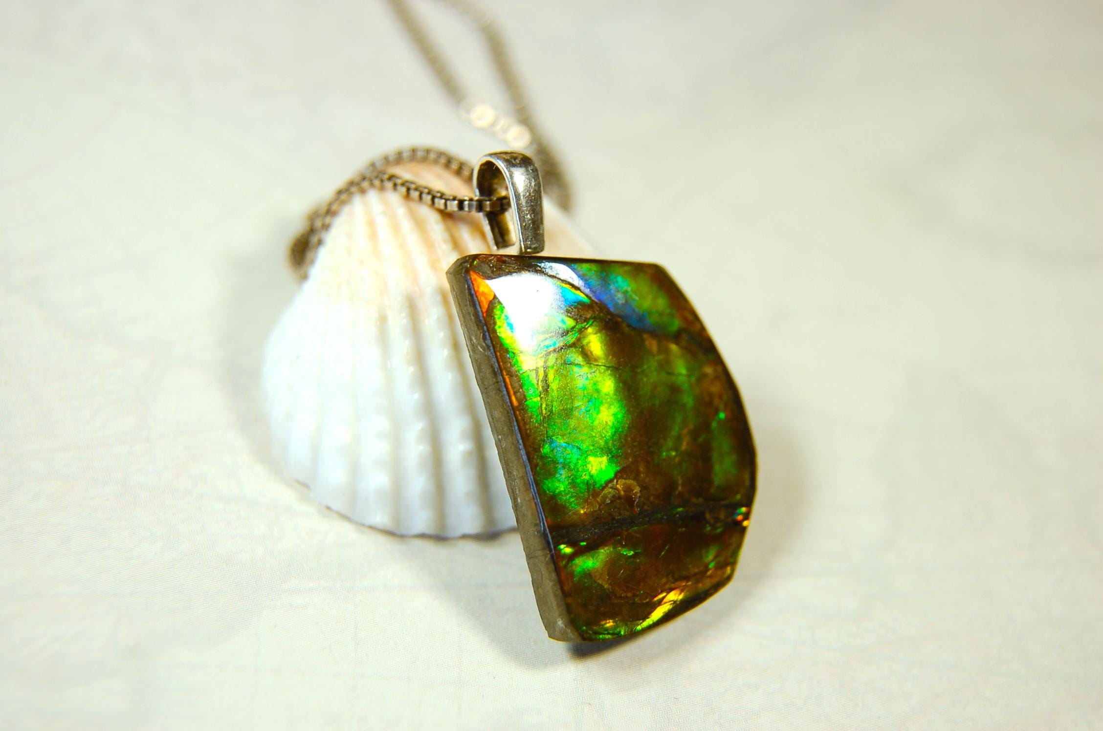 Birthday gift idea for wife. Ammolite Pendant Necklace.All natural cabochon freeform gem.Boho jewelry.090414