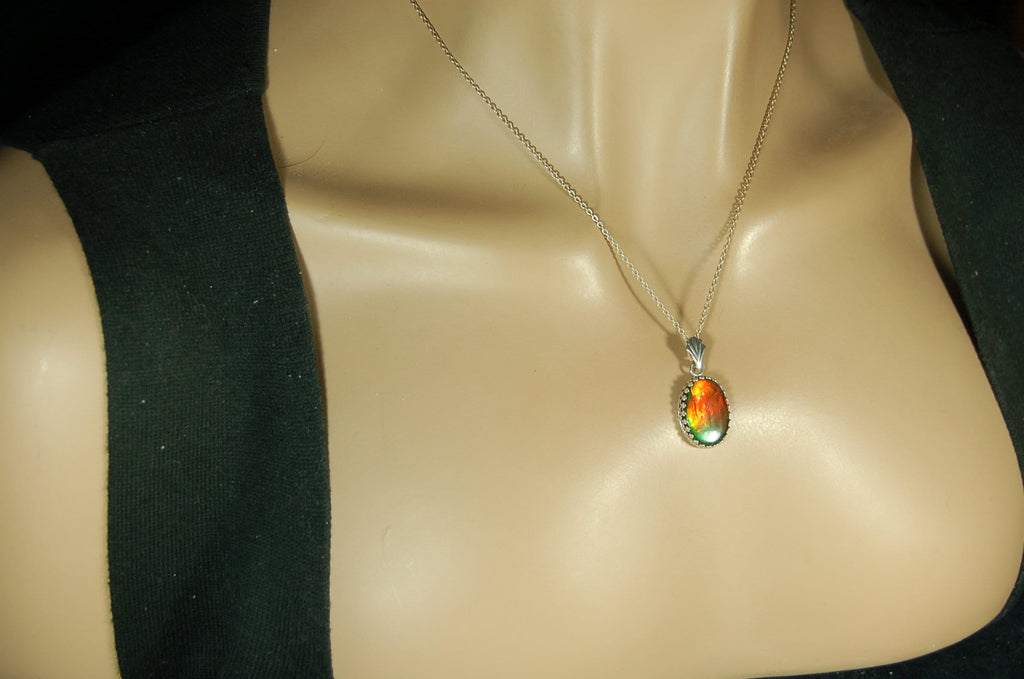 Fiery Ammolite pendant in Argentium* non tarnish Sterling Silver.Perfect Gift for her.Ammolite jewelry.Ammolite Feng shui.#123110