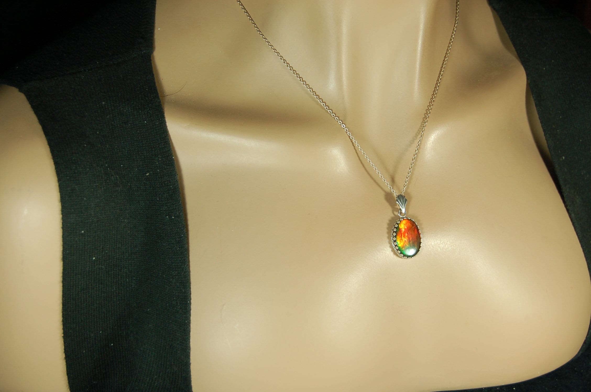 Fiery Ammolite pendant in Argentium* non tarnish Sterling Silver.Perfect Gift for her.Ammolite jewelry.Ammolite Feng shui.#123110
