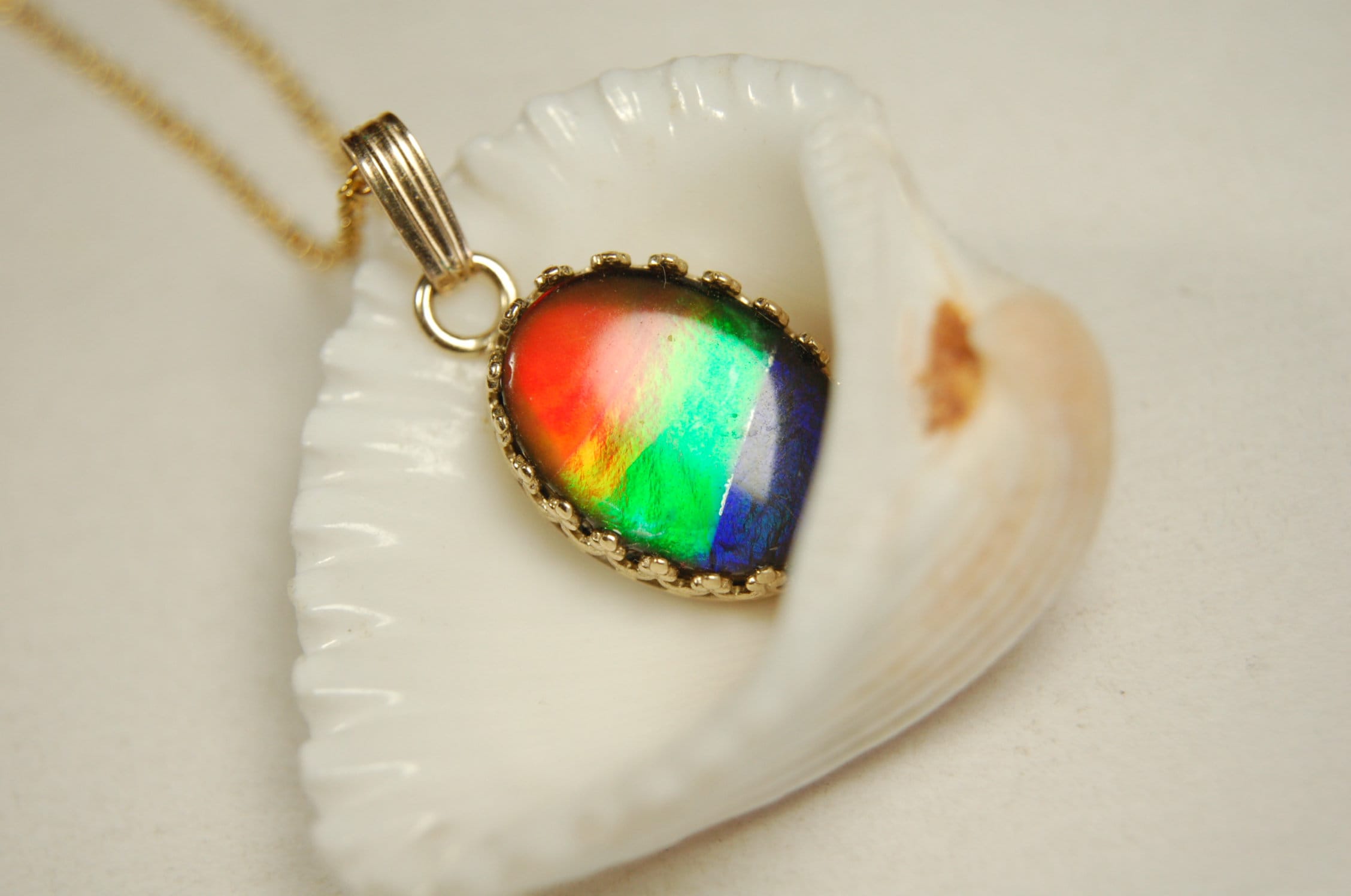 Ammolite Jewelry Pendant Necklace.Four Color Rainbow Ammolite set in solid 14k Gold.Perfect gift.GENUINE Canadian Alberta Ammolite.100213