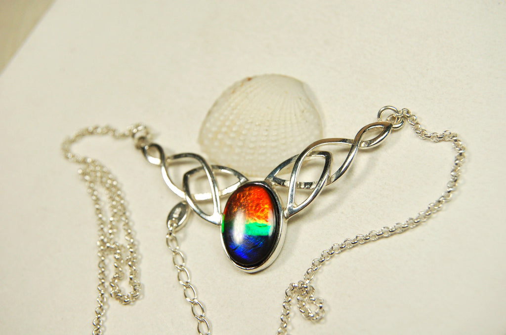 Ammolite Celtic Necklace.RARE four color rainbow gem.The Perfect Birthday Gift for Wife.Canadian ammolite.#112413