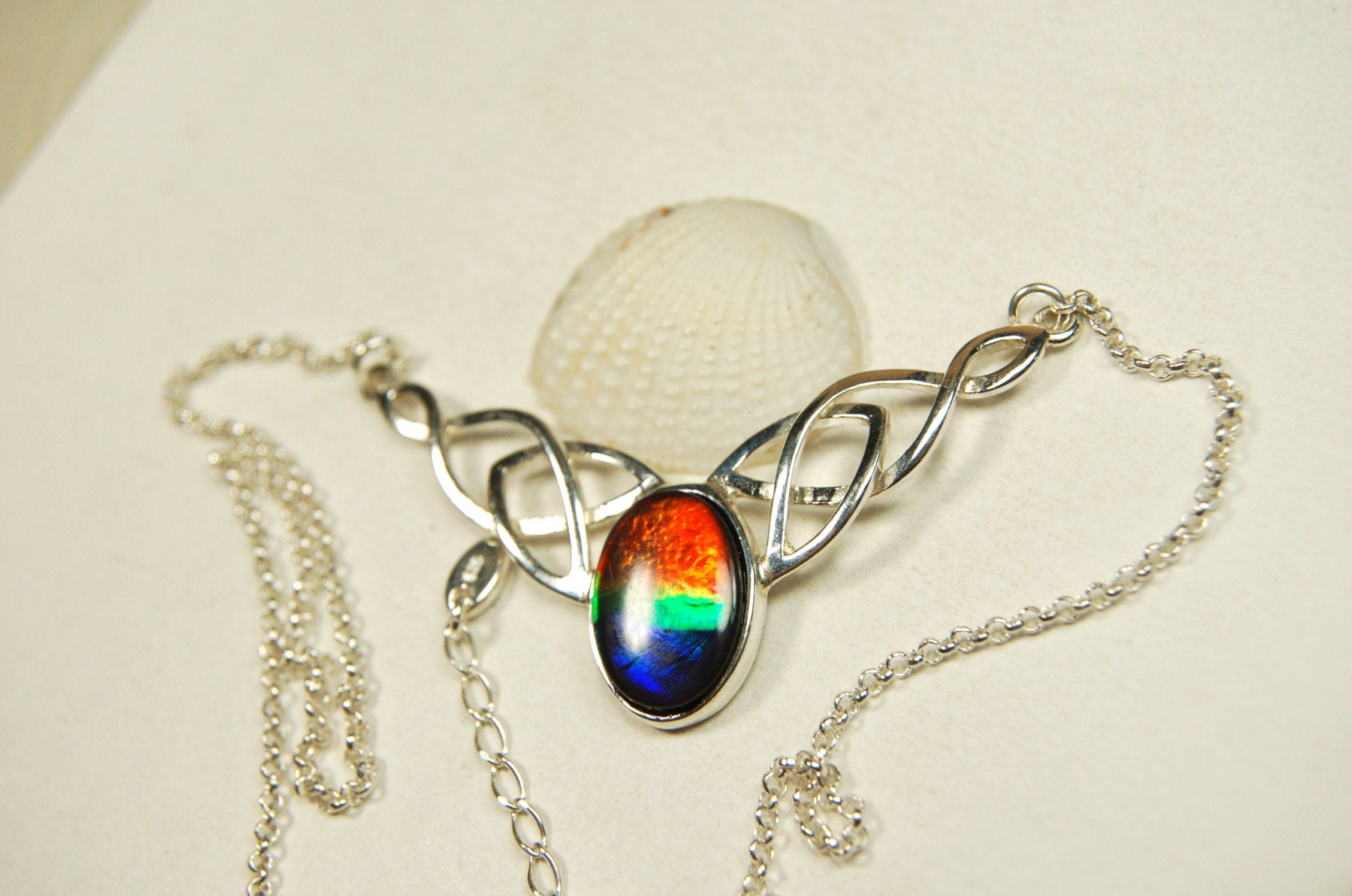 Ammolite Celtic Necklace.RARE four color rainbow gem.The Perfect Birthday Gift for Wife.Canadian ammolite.#112413