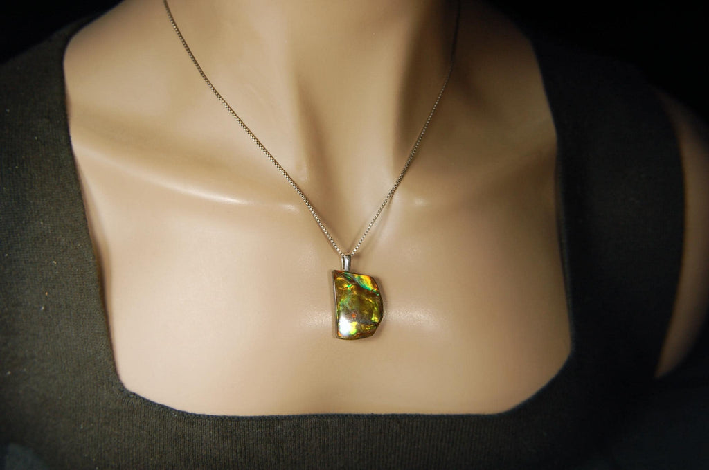 Birthday gift idea for wife. Ammolite Pendant Necklace.All natural cabochon freeform gem.Boho jewelry.090414