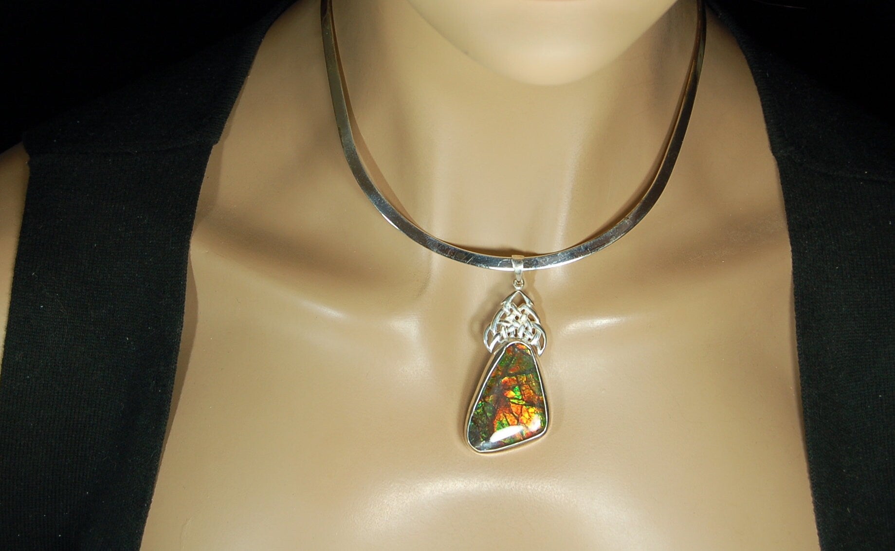 Ammolite Pendant Necklace.Natural very colorful cabochon magnificently set #030411