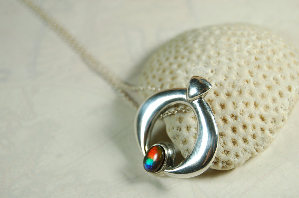 Birthday gift idea for wife.-- tricolor Ammolite pendant gem in striking sterling silver setting.Boho jewelry.#112419