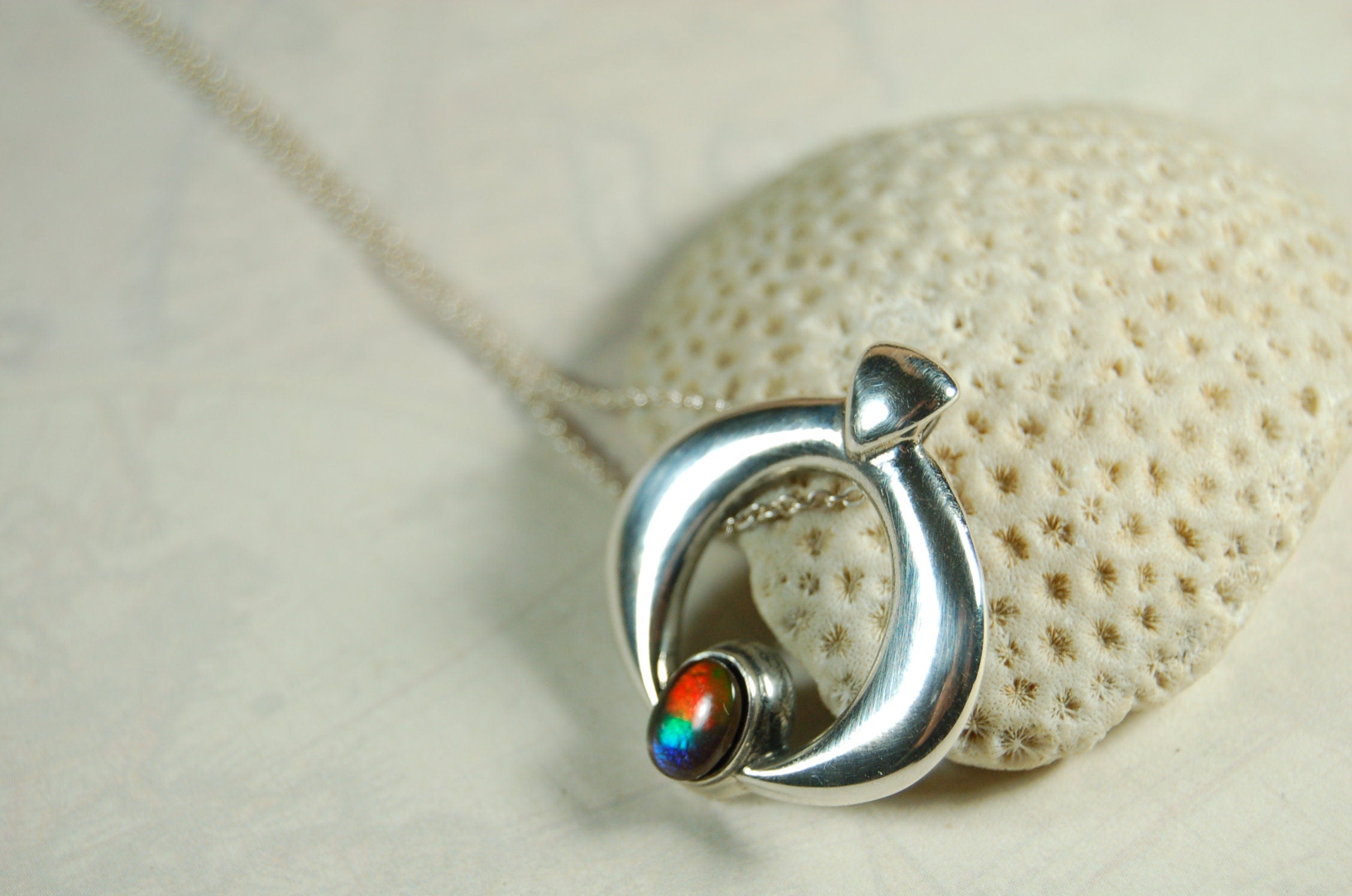 Birthday gift idea for wife.-- tricolor Ammolite pendant gem in striking sterling silver setting.Boho jewelry.#112419