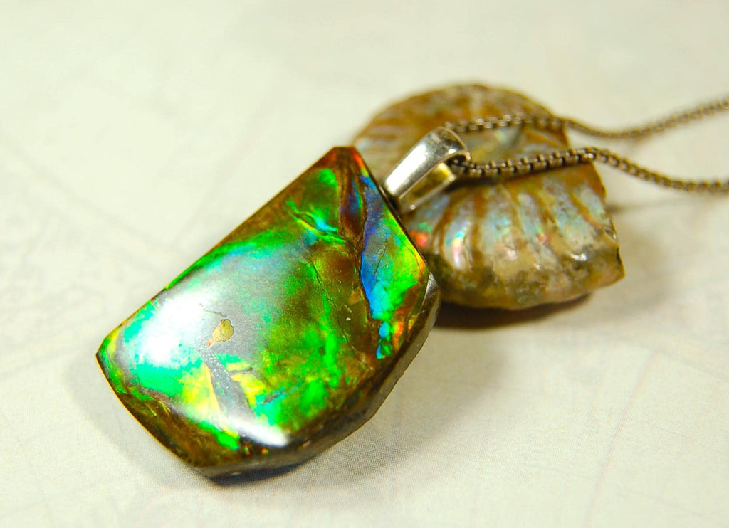 Birthday gift idea for wife. Ammolite Pendant Necklace.All natural cabochon freeform gem.Boho jewelry.090414