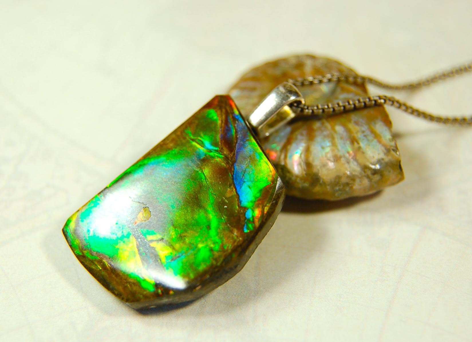 Birthday gift idea for wife. Ammolite Pendant Necklace.All natural cabochon freeform gem.Boho jewelry.090414