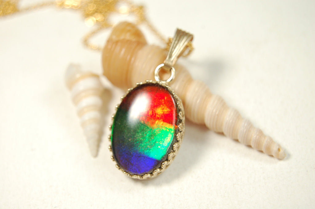 Ammolite Pendant in solid 14k Gold..High quality rainbow tricolor gem.Birthday or anniversary gift?.102513