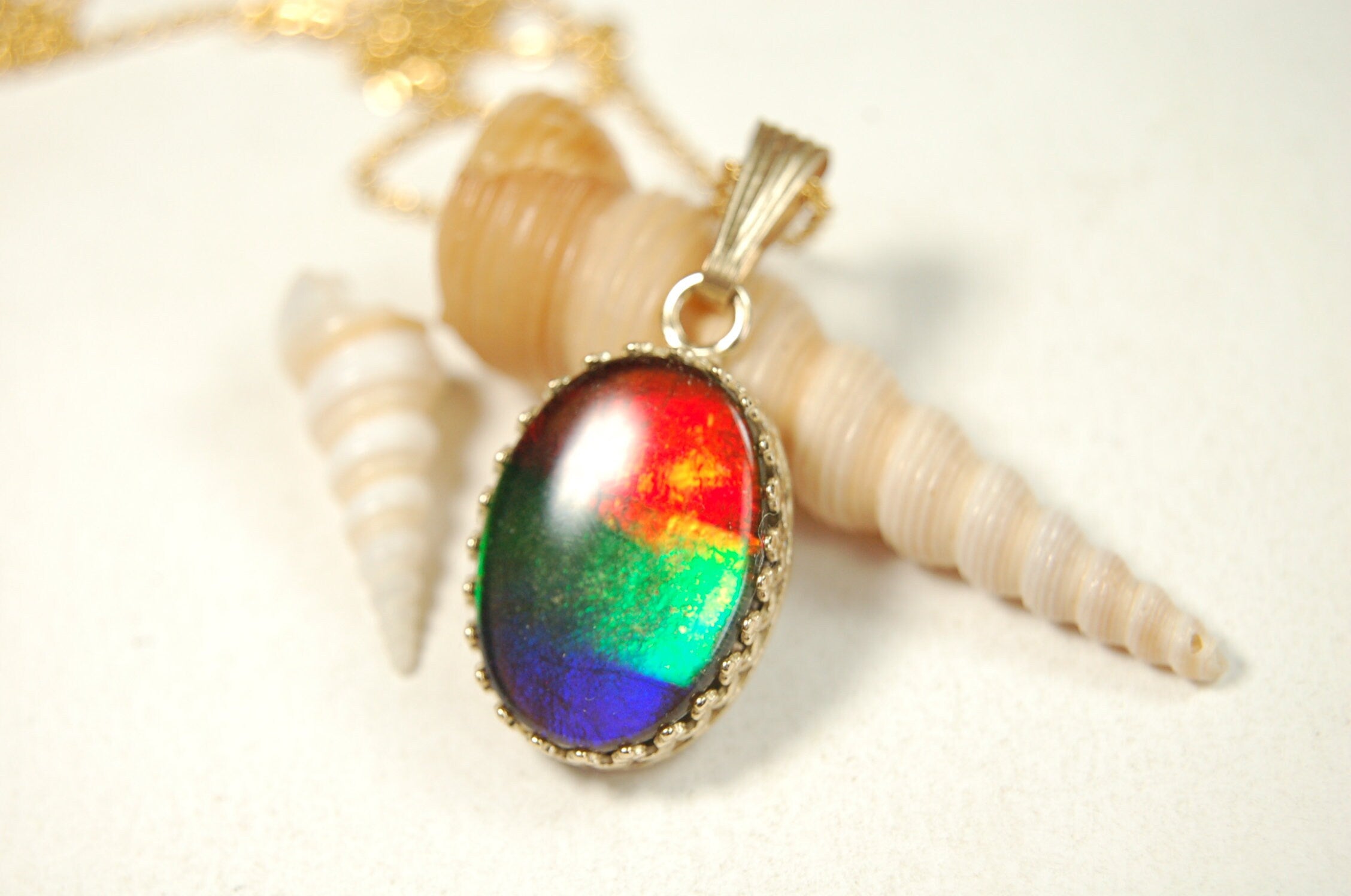 Ammolite Pendant in solid 14k Gold..High quality rainbow tricolor gem.Birthday or anniversary gift?.102513