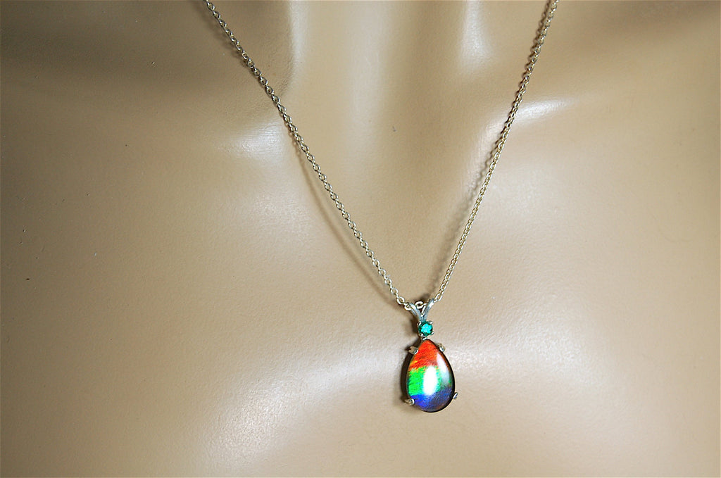 Ammolite Jewelry Pendant.bright Rainbow Colors. Ammolite with Emerald.Canadian gemstones.The perfect RARE gift for her.#012410