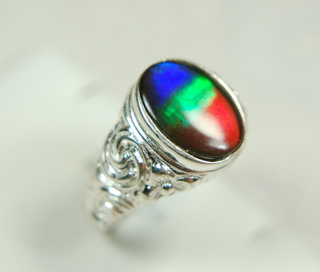 Ammolite Mens Ring set in sculptured sterling silver.Powerful bright tricolor gemstone in size 10.#70615