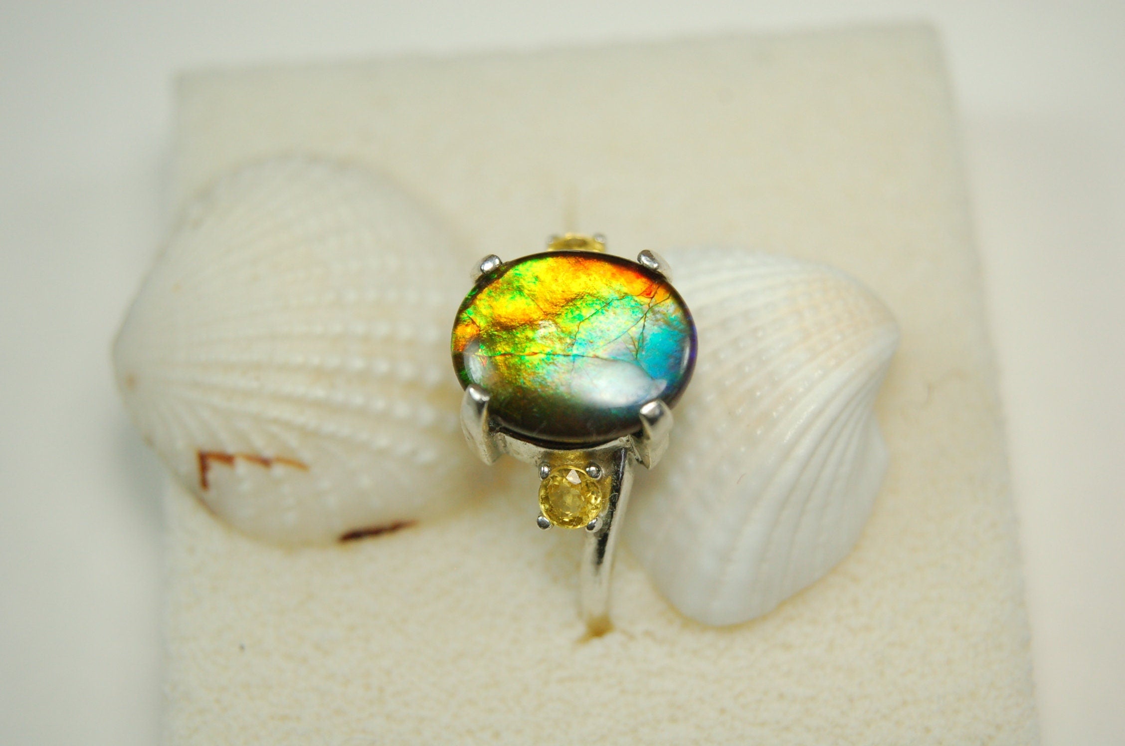 Ammolite Ring.Gift for wife.Learn about Canadas rarest gemstone.Must see video#121611