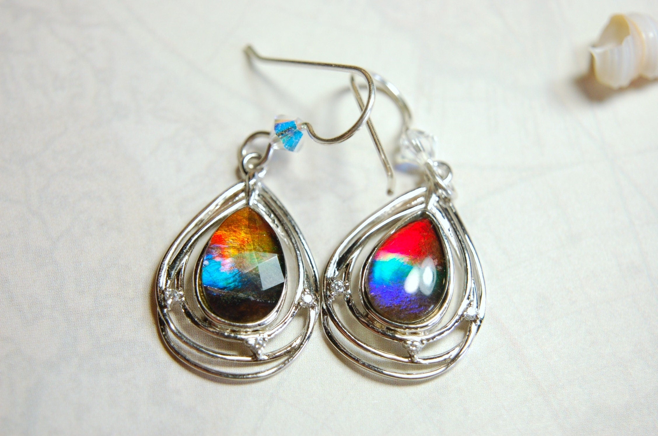 Birthday or anniversary gift idea for wife.Teardrop Ammolite Earrings – Sterling Silver, Swarovski Crystal Accents (12x8mm)